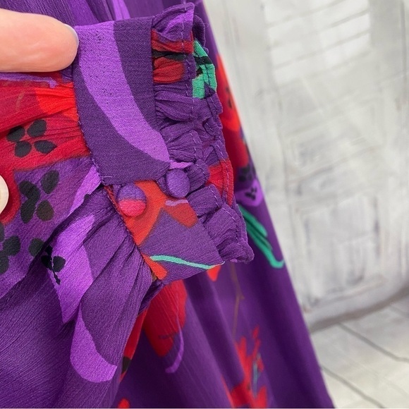 Calvin Klein Purple Red Floral Long Balloon Sleeve Mock Trapeze Above Knee Dress - Picture 7 of 12